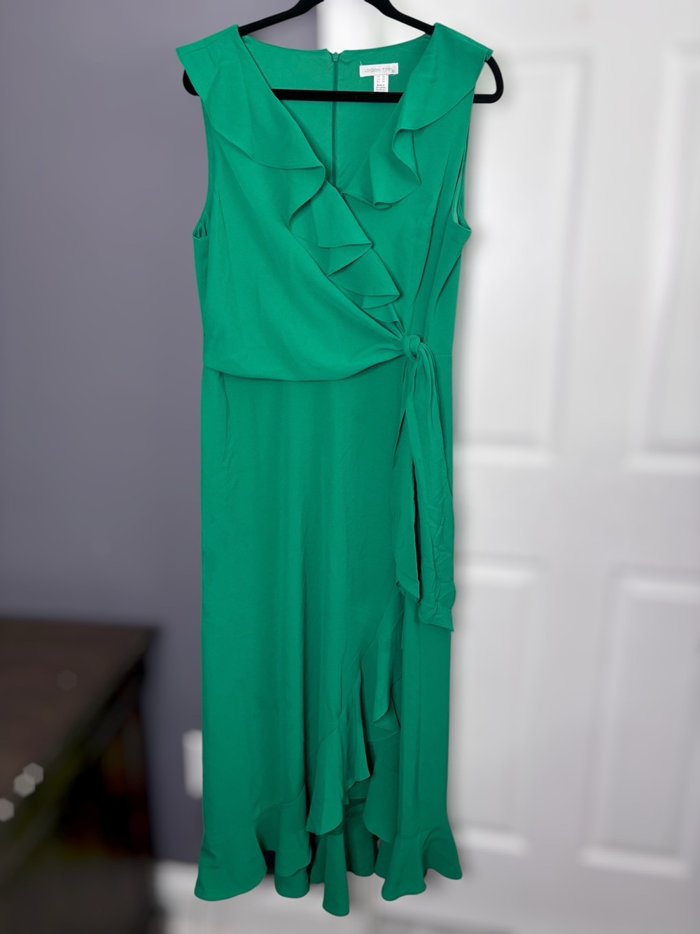London Times Emerald Green Ruffle Wrap Dress